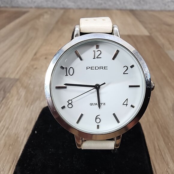 Pedre Women's Silver-Tone White Leather Perforated Band Wrist Watch‎ - Picture 1 of 8